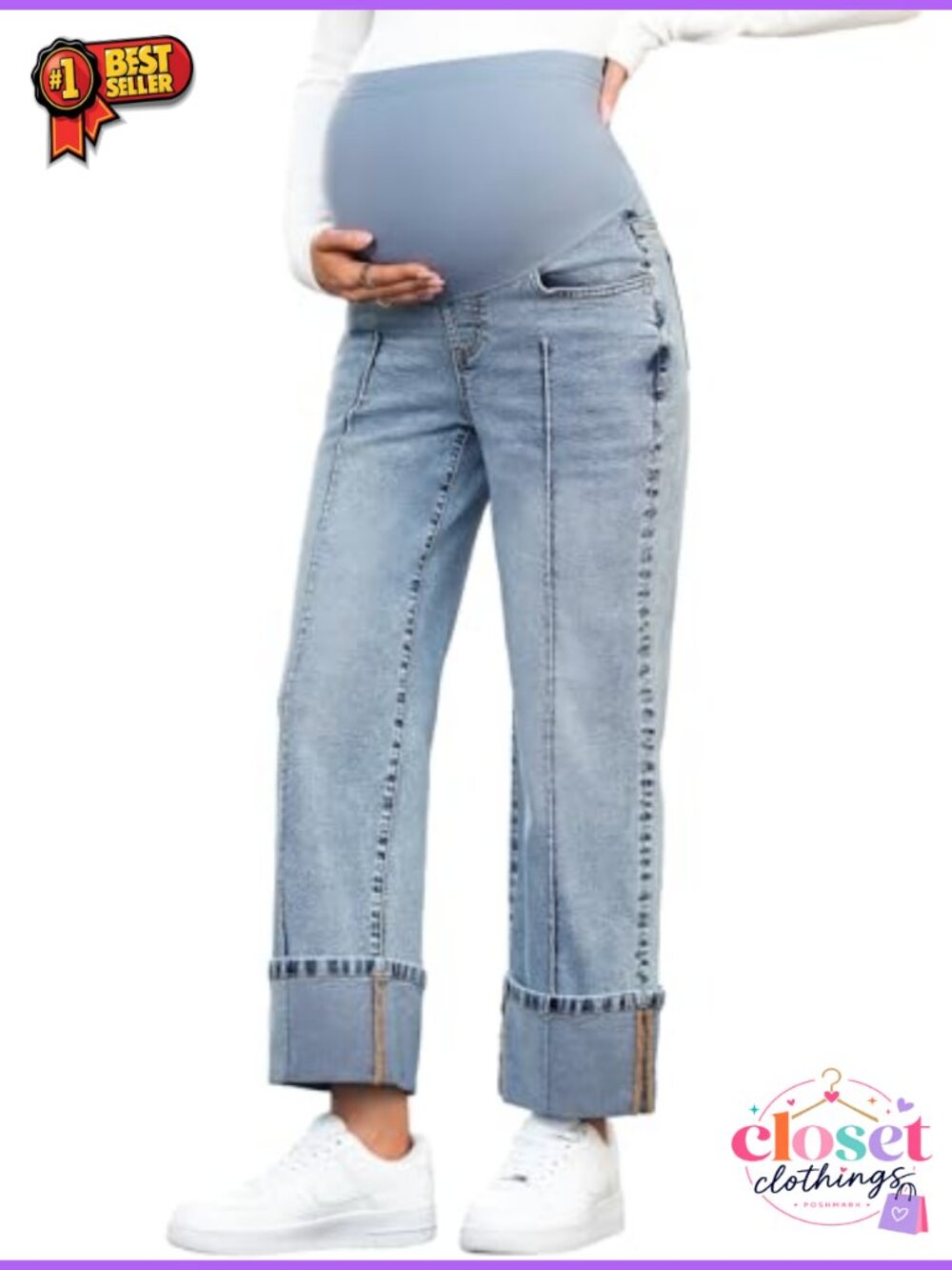 Maternity Jeans Over Belly Straight Leg Denim Pants with Pockets
